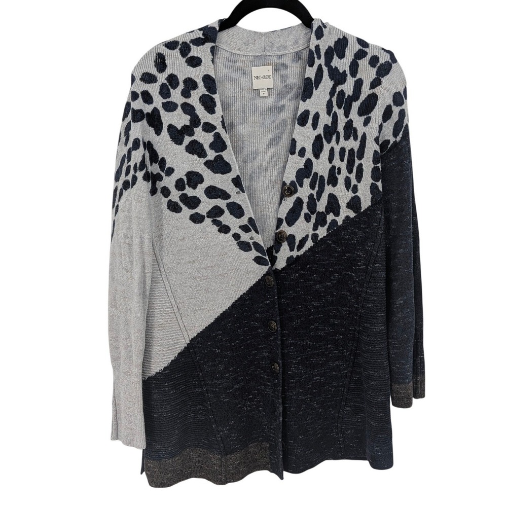 NIC+ZOE Cardigan Sweater Women Small Blue Gray Animal Print Colorblock Button Up